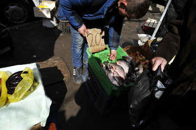 High angle view of people at market