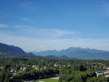 Scenic view of townscape and mountains against blue sky