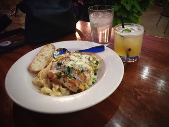 Close-up of food served on table