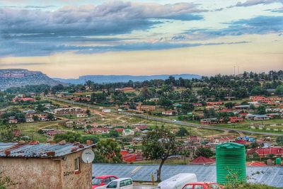 High angle view of townscape against sky