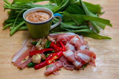 High angle view of chopped vegetables on table