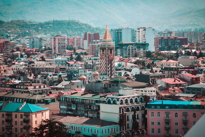 High angle view of buildings in city