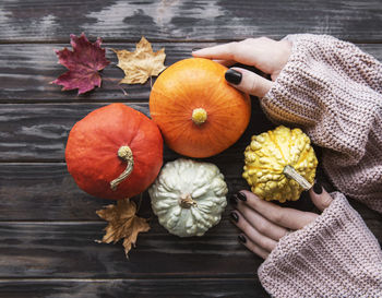 Female hands holding autumn pumpkins. old wooden background