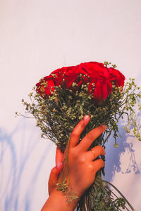 Close-up of hand holding red flower