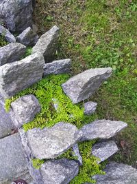 High angle view of stones on field