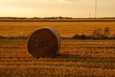 Hay bales on field against sky