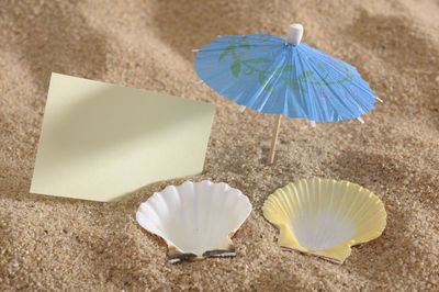 High angle view of seashells and drink umbrella with blank paper on sand