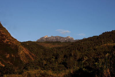 Scenic view of mountains against blue sky