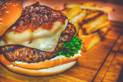 Close-up of burger on table
