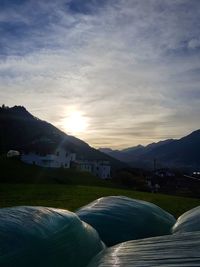 Scenic view of mountains against sky during sunset