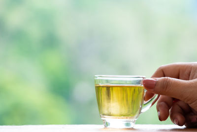 Midsection of person holding drink drinking glass