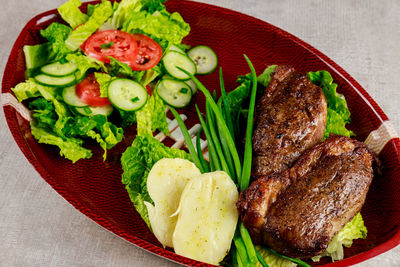 High angle view of food in plate on table