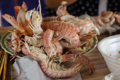 Close-up of seafood served in plate on table