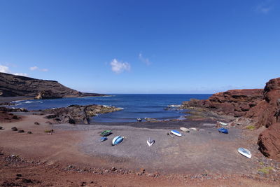 Scenic view of beach against blue sky