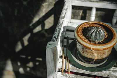 High angle view of rusty metal railing