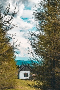 House amidst trees and plants in forest against sky