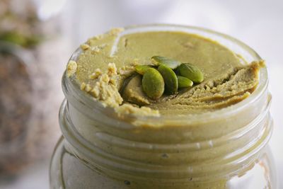 High angle view of food in jar on table