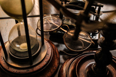 High angle view of old machine part on table