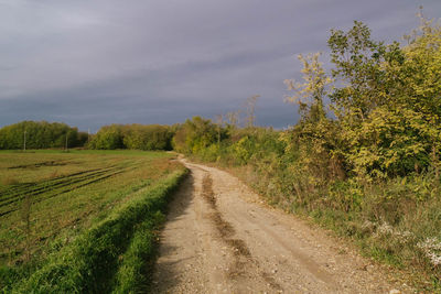 Dirt road amidst field against sky