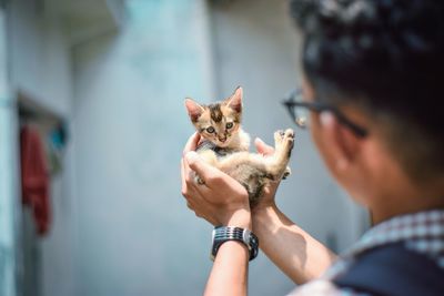 Low angle view of man holding cat