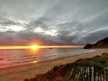 Scenic view of beach against sky during sunset