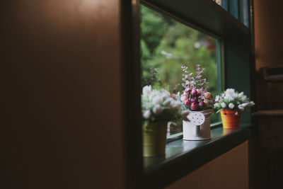 Artificial flower pots on window sill at home