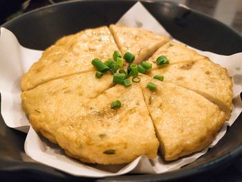 High angle view of meat in plate on table