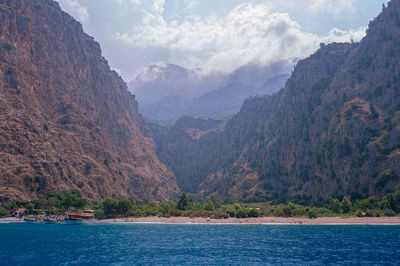 Scenic view of lake with mountains in background
