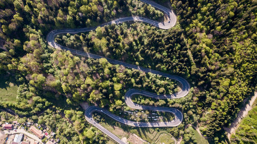 High angle view of road amidst trees in city