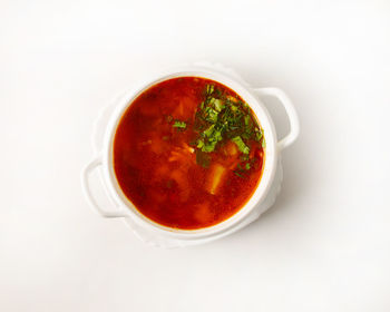 High angle view of soup in bowl