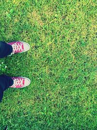 Low section of man standing on grassy field