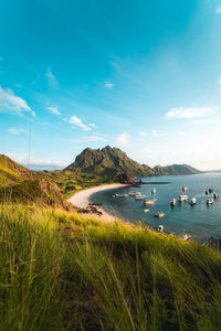 Scenic view of bay against sky