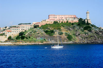 Scenic view of sea against buildings