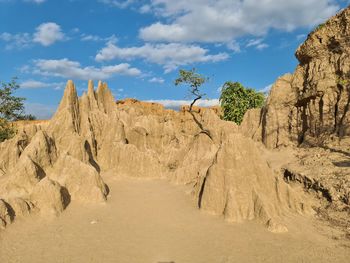 Rock formations on landscape against sky