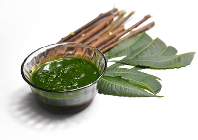 Close-up of green leaves against white background