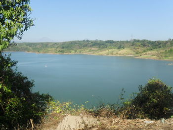 Scenic view of lake against clear sky