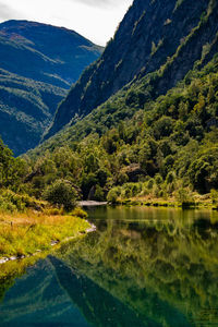 Scenic view of lake and mountains against sky