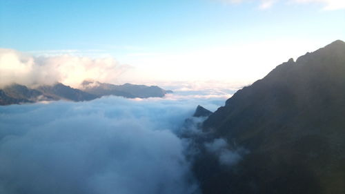 Scenic view of mountains against cloudy sky