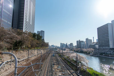 Railroad tracks amidst buildings in city against clear sky