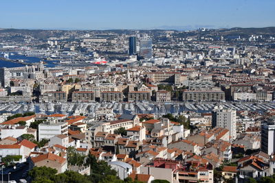 High angle view of buildings in city