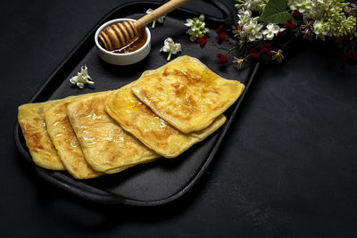 High angle view of breakfast on table