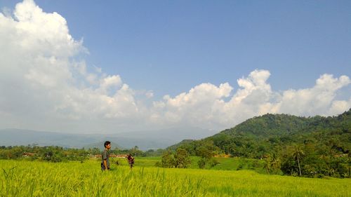 Scenic view of agricultural field against sky