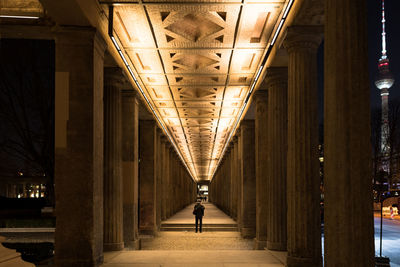 Rear view of man walking in illuminated building