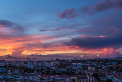 High angle view of townscape against sky at sunset