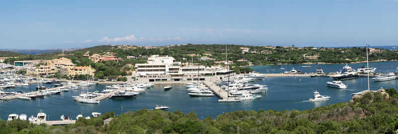 High angle view of sailboats in city