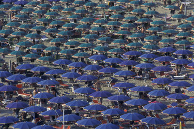 High angle view of deck chairs