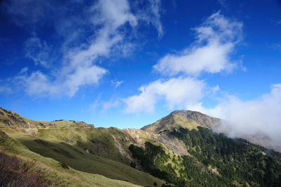 Low angle view of mountain against blue sky