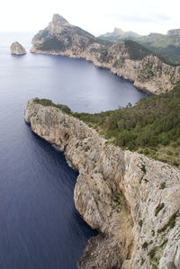 High angle view of rocks by sea against sky