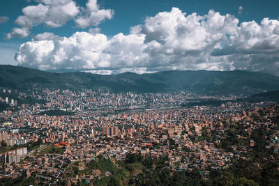 High angle shot of townscape against sky