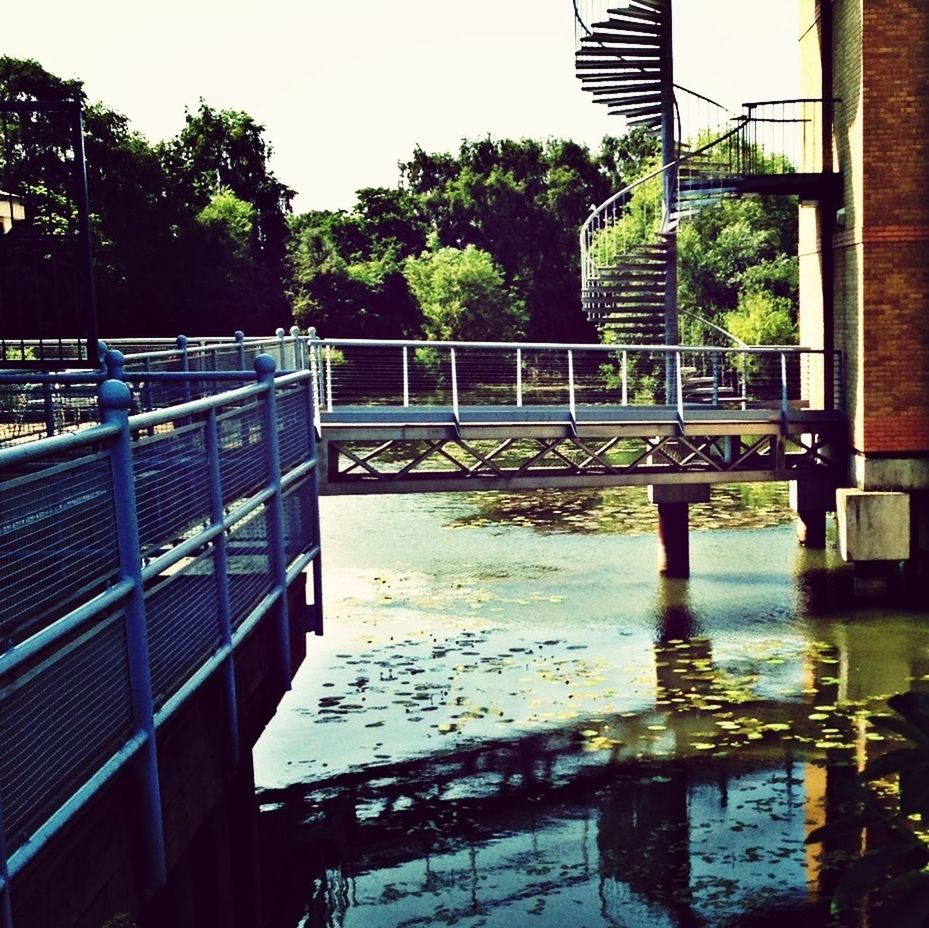 built structure, water, architecture, tree, reflection, railing, connection, building exterior, river, bridge - man made structure, footbridge, day, lake, outdoors, no people, plant, growth, waterfront, bridge, metal